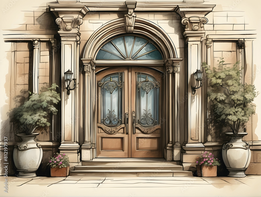 Entrance to a luxurious building illustration Entrance to a luxurious building illustration