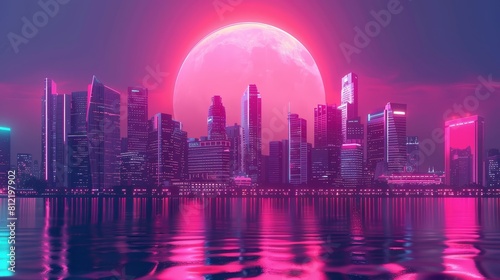 Futuristic cityscape flat design front view neon skyline theme 3D render Monochromatic Color Scheme