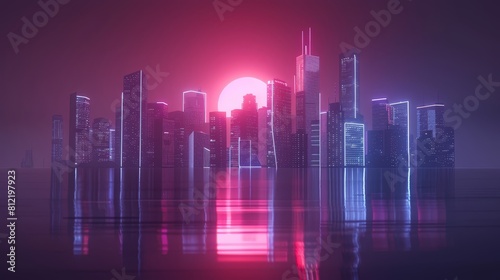 Futuristic cityscape flat design front view neon skyline theme 3D render Monochromatic Color Scheme