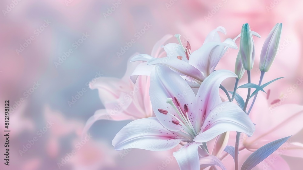 A close up of a single white flower with a pink background