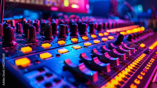  To create a visual representation of sound engineering and mixing, you can design a scene featuring various sound engineering equipment such as controllers and sound mixers.