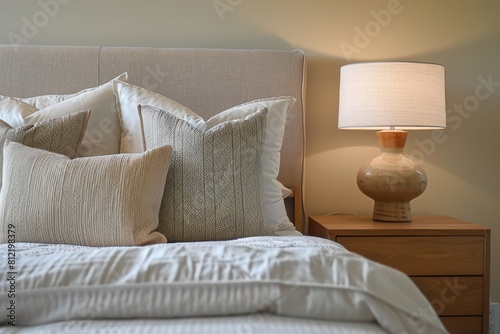 Pillows on a bed with a lamp on a nightstand