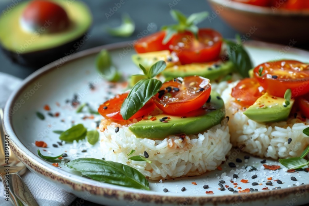 Avocado and tomato rice stacks Avocado and tomato rice stacks