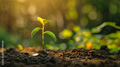 Green seedling growing from seed in the morning light. Eco concept photo