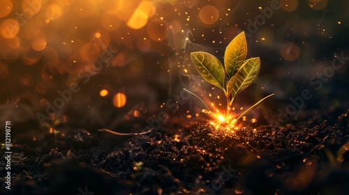 Young plant with three leaves sprouting from the soil  with a bokeh effect of golden lights in the background