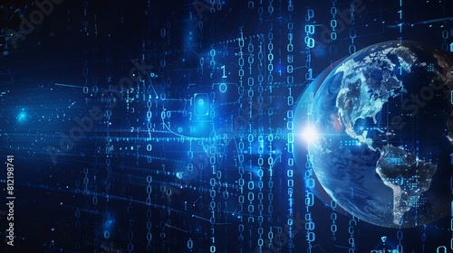 The graphical digital world background with an Earth globe and digital numbers is a representation of the interconnectedness of the global digital landscape. 