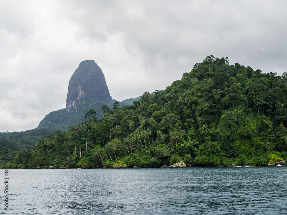Pico João Dias Pai seen from the sea, behind the tropical forest, Principe Island