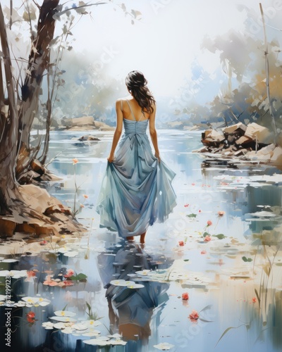 Watercolor background of a wedding couple walking in a fairy garden