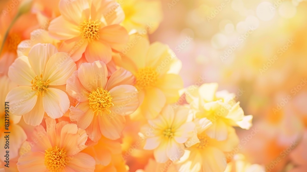 A bunch of yellow flowers with a bright sun shining on them A bunch of yellow flowers with a bright sun shining on them