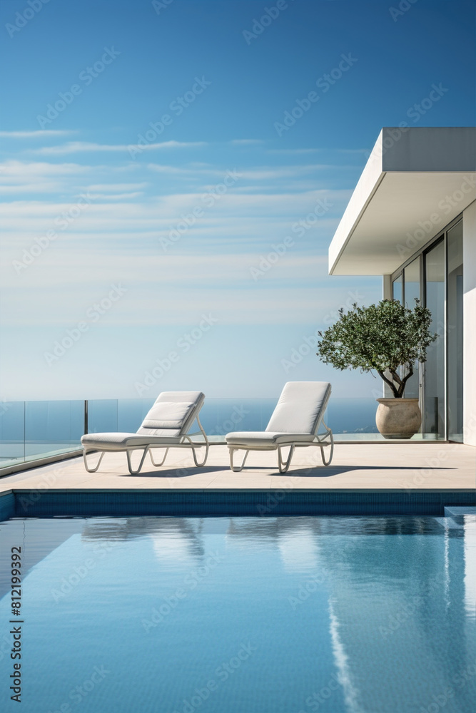 Fototapeta premium A minimalistic modern building with a swimming pool in front, surrounded by outdoor furniture and shaded by clouds in the azure sky. A perfect property for real estate
