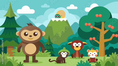 forest scene with funny monkeys cartoon vector illustration