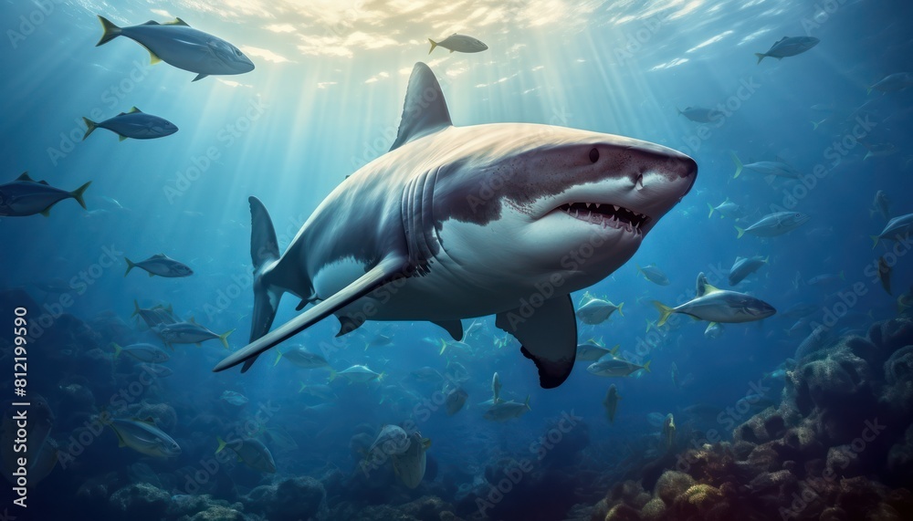 Fototapeta premium The great White Shark in the ocean, portrait of White shark hunting prey in the underwater