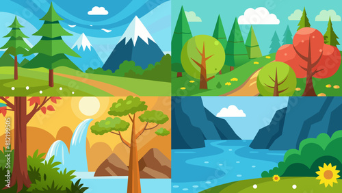 four different nature scene forest cartoon vector illustration
