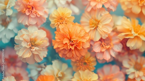 A bunch of flowers in various colors are arranged on a pink background