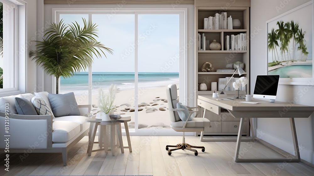 Plan a coastal-modern home office with beachy elements and sleek, contemporary furniture