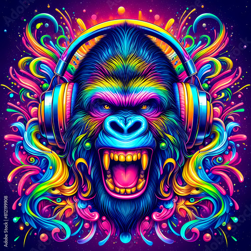 Digital art vibrant colorful cool gorilla wearing headphones vibin to music