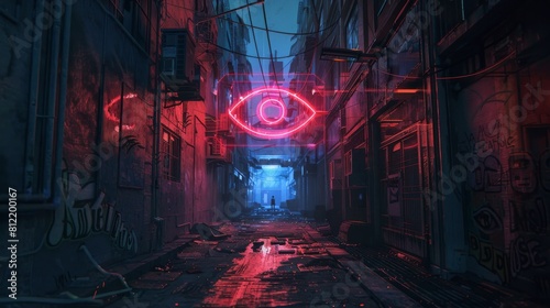Futuristic cyberpunk alley with neon eye hologram, suitable for sci-fi themes and tech events photo