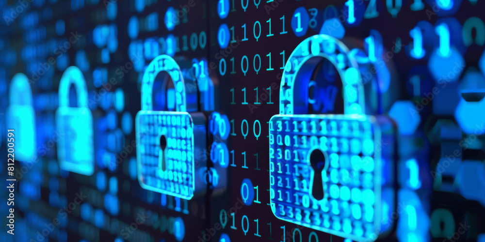 Technology, abstract and futuristic with cyber security for digital, verification or password software. Electronics, encryption and lock for safety in data center, firewall for database or server Technology, abstract and futuristic with cyber security for digital, verification or password software. Electronics, encryption and lock for safety in data center, firewall for database or server