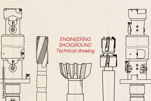 Mechanical engineering drawings on sepia background. Tap tools, borer. Technical Design. Cover. Blueprint. Vector illustration.