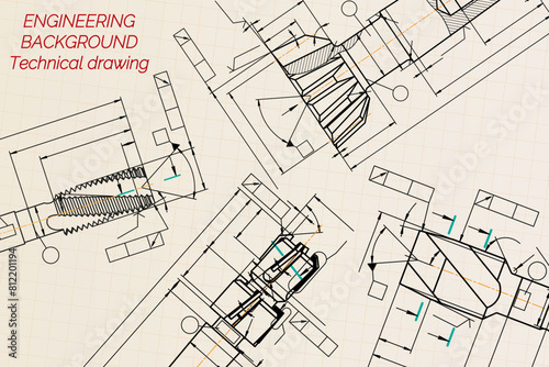 Mechanical engineering drawings on sepia background. Tap tools, borer. Technical Design. Cover. Blueprint. Vector illustration.