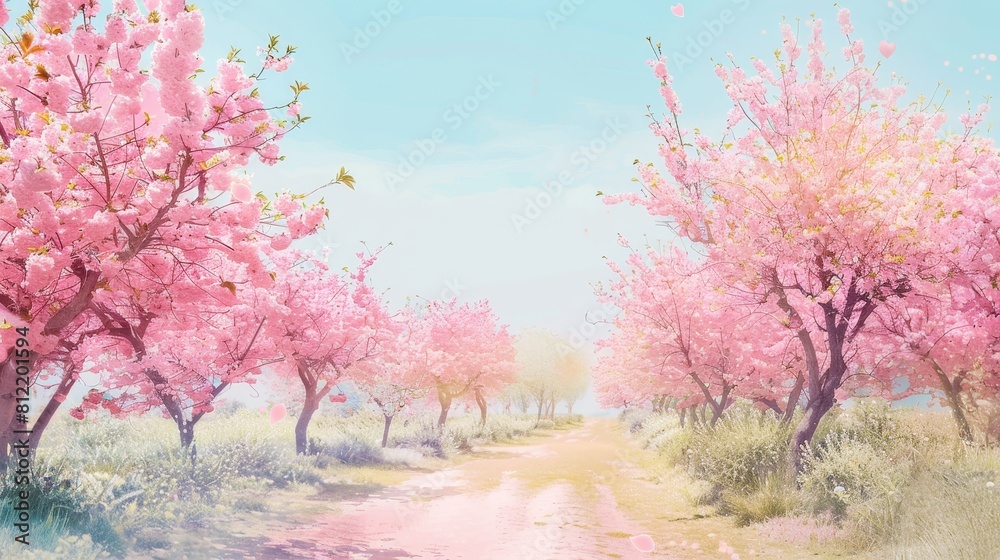 A beautiful pink and white landscape with cherry trees and a road