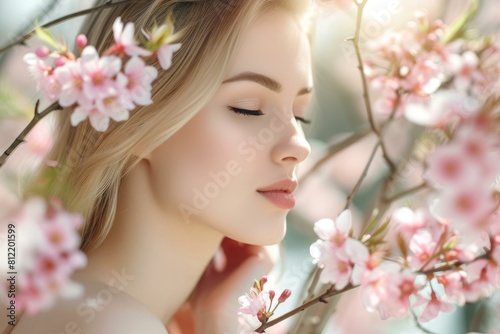 Refreshing Beautiful woman scent of spring. Sunny portrait of lady in blossom garden. Generate ai © anatolir
