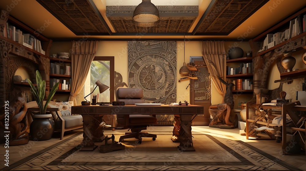 Plan a home office with a touch of the exotic, incorporating cultural elements and patterns Plan a home office with a touch of the exotic, incorporating cultural elements and patterns