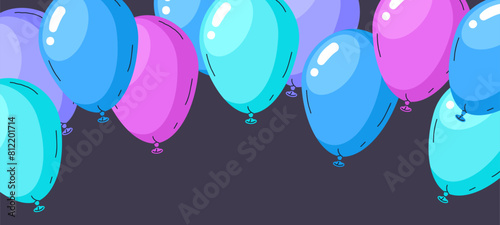 Birthday party balloons background. Multicolored helium balloons, colorful air balloon decorations flat vector illustration. Glossy balloons backdrop