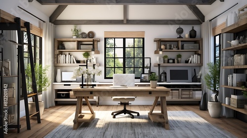 Plan a modern farmhouse home office with rustic charm and contemporary design elements