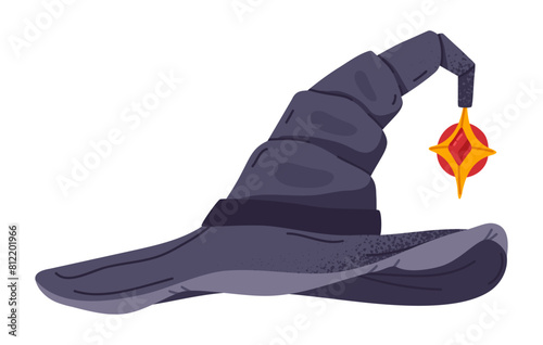 Cartoon wizard pointy hat. Halloween witch hat, trick or treat october party magic costume element, spooky hat flat vector illustration. Creepy magician hat