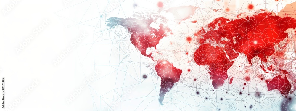 Fototapeta premium Artistic depiction of North America on a world map with red splashes, symbolizing disease spread or crisis.