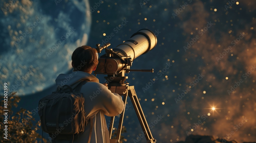 Fototapeta premium Person engaged in night-time astronomical observation with a telescope, highlighting a passion for the cosmos.