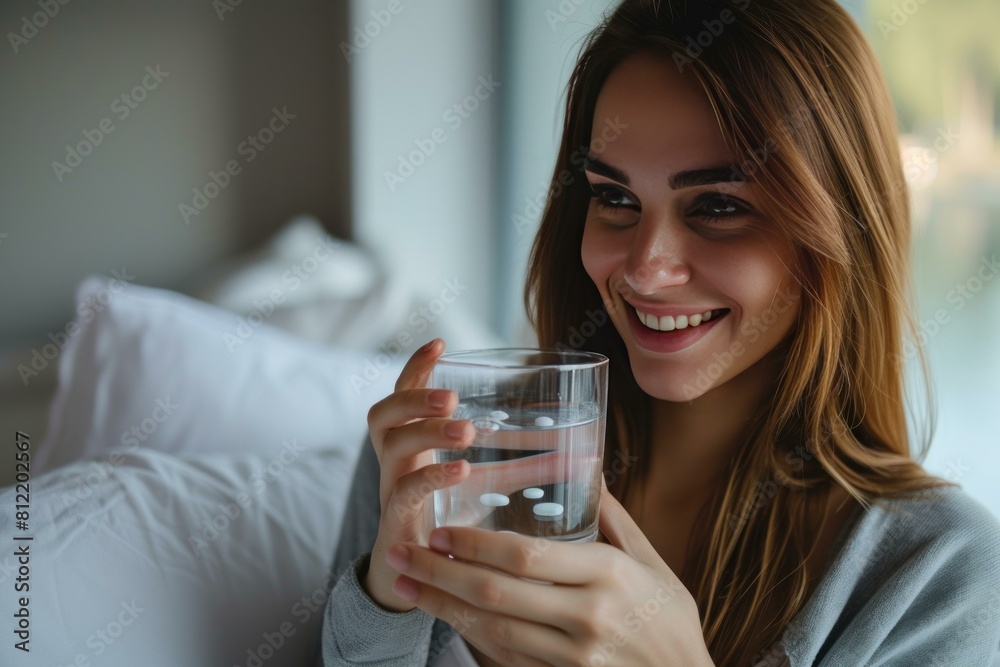 Radiant young woman is happily sipping a glass of water, demonstrating healthy hydration in a serene bedroom environment