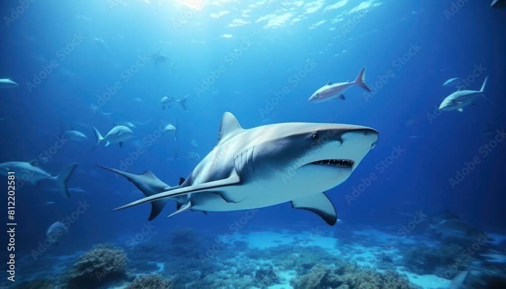Fototapeta premium The great White Shark in the ocean, portrait of White shark hunting prey in the underwater