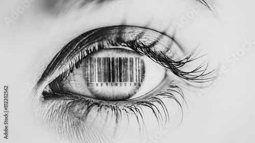 Close-up of an eye with a barcode reflected in the iris, conveying themes of identity and surveillance.