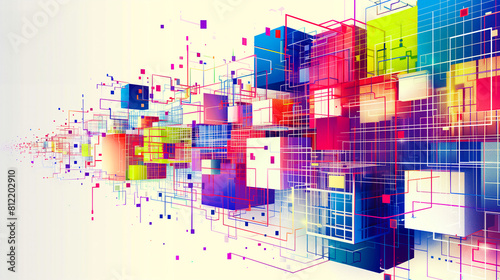 an abstract vibrant and geometric digital background  modern colorful aesthetic artwork  an array of floating  interconnected cubes and rectangular prisms in a dynamic composition