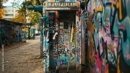 Graffiti-covered urban telephone booth expressing street art culture