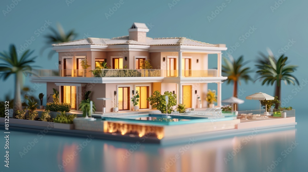 Model villa flat design side view luxury property theme animation vivid