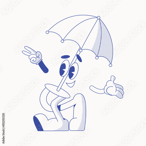Retro cartoon walking smiled umbrella vintage groovy characters design. Retro character, hippie 70s style. Vector illustration isolated on background © Александра Симкина