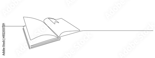 Opened book with bookmark in Continuous one line drawing . Education study and knowledge library concept in simple linear style. Editable stroke. Doodle outline vector illustration