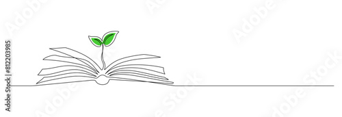 Opened book with sprout plant in one continuous line drawing . Education study and knowledge library concept in simple linear style. Growing wisdom in editable stroke. Contour vector illustration