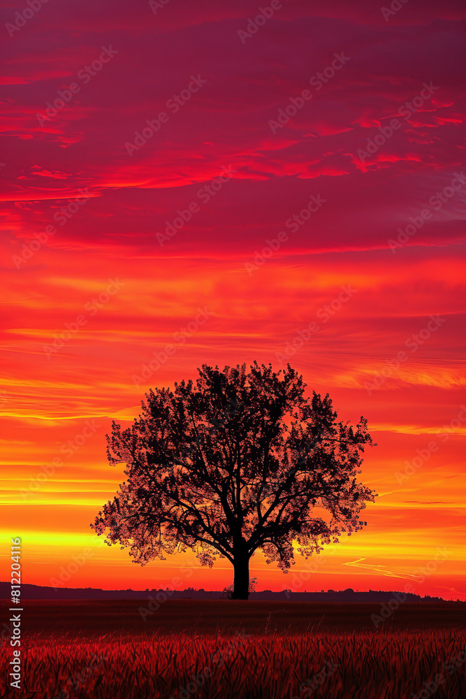 Stunning Red Sunset with Tree Silhouette