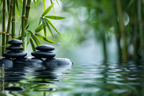 Zen composition with stones, bamboo, and serene water, blurred background with copy space. Concept for spa, wellness, yoga, meditation, health and wellness, mindfulness, stress-relief