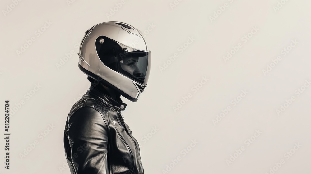 In a striking portrait, a motorcycle rider confidently poses wearing a sleek black helmet against a crisp white background. This image captures the essence of freedom, adventure In a striking portrait, a motorcycle rider confidently poses wearing a sleek black helmet against a crisp white background. This image captures the essence of freedom, adventure