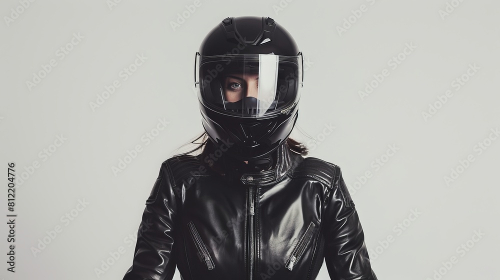 In a striking portrait, a motorcycle rider confidently poses wearing a sleek black helmet against a crisp white background. 