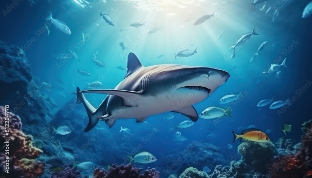 The great White Shark in the ocean, portrait of White shark hunting prey in the underwater