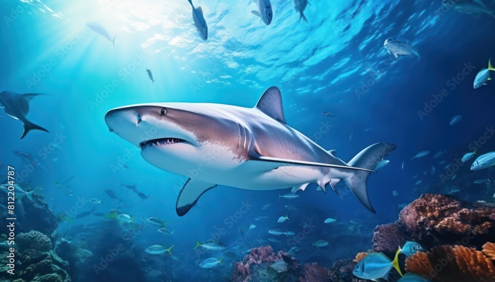 Fototapeta premium The great White Shark in the ocean, portrait of White shark hunting prey in the underwater
