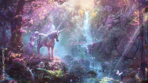An enchanting forest glade bathed in ethereal light, where a magnificent unicorn stands amidst shimmering hues of pink, purple, and blue. Surrounding it, woodland creatures frolic and faeries flit