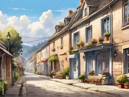 Charming European village street scene