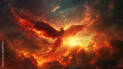 Majestic phoenix in flight against a fiery sunset sky - ideal for fantasy themes and transformative events
